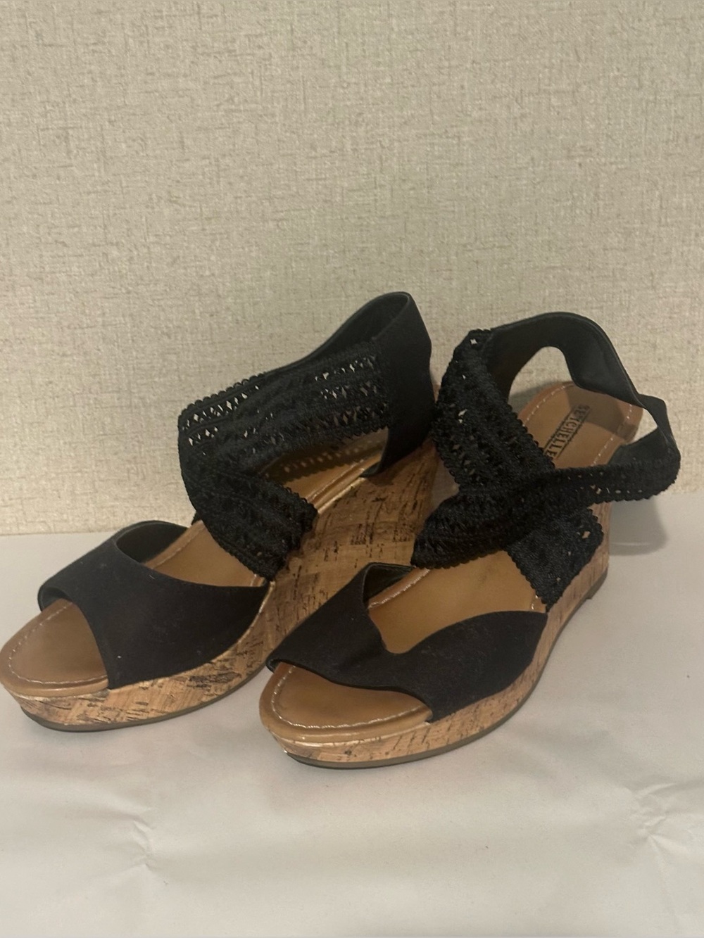 Seychelles Size 10 Black Crochet Cork Wedge Sandals